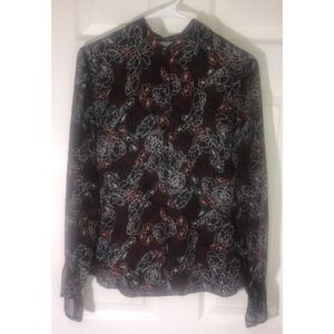 Alfani 100% Silk Floral Semi Sheer Long Sleeves Button Up Blouse Size 8